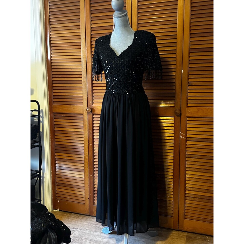 Vintage 1970s Dave & Johnny Black Sequin Fringe Disco Hidden Jumpsuit